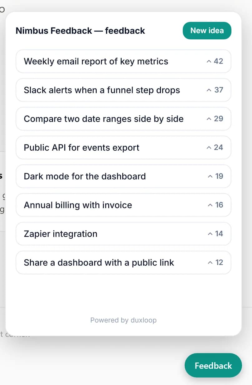 Feedback widget open on a website, showing the board