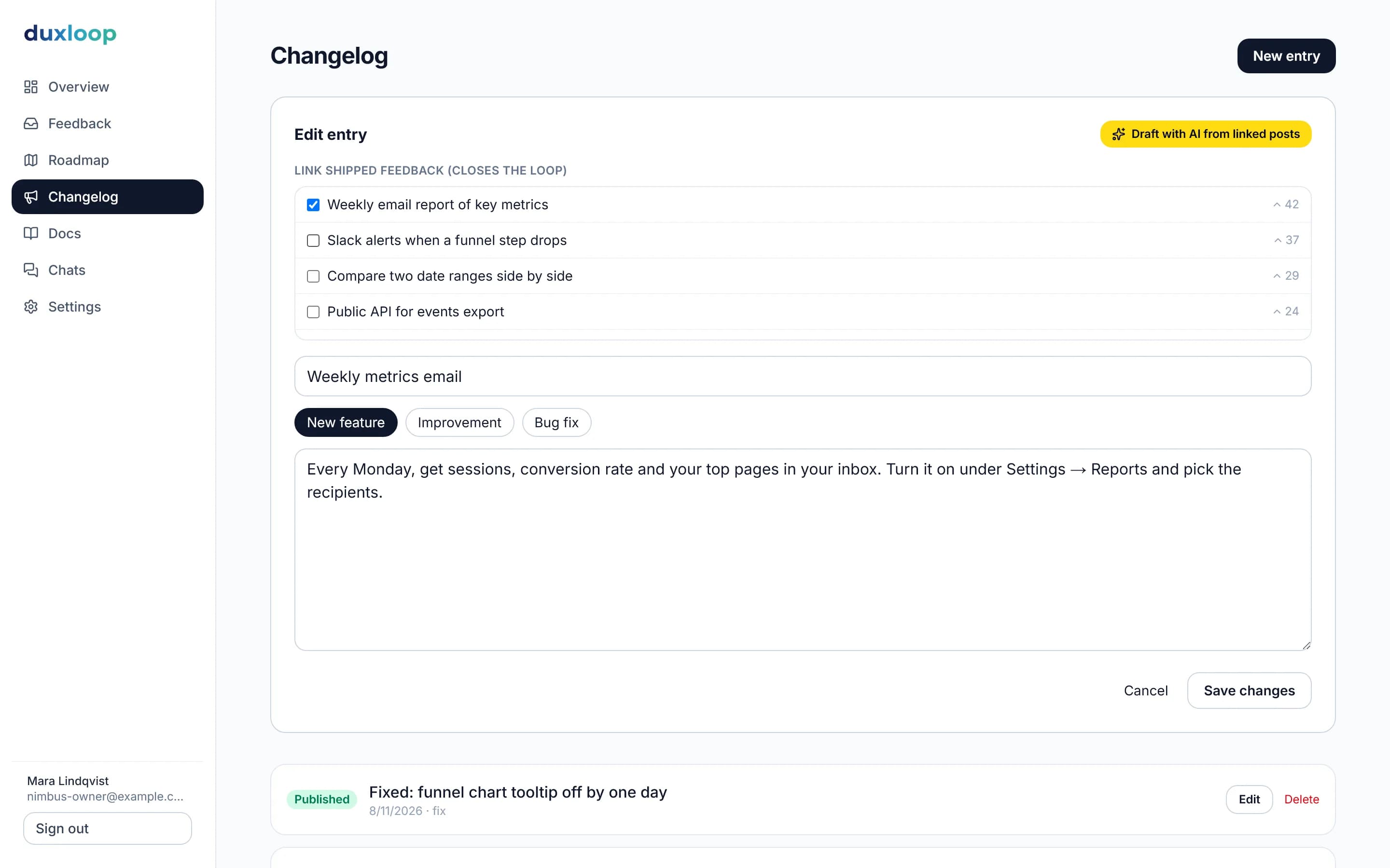 Changelog editor with linked posts
