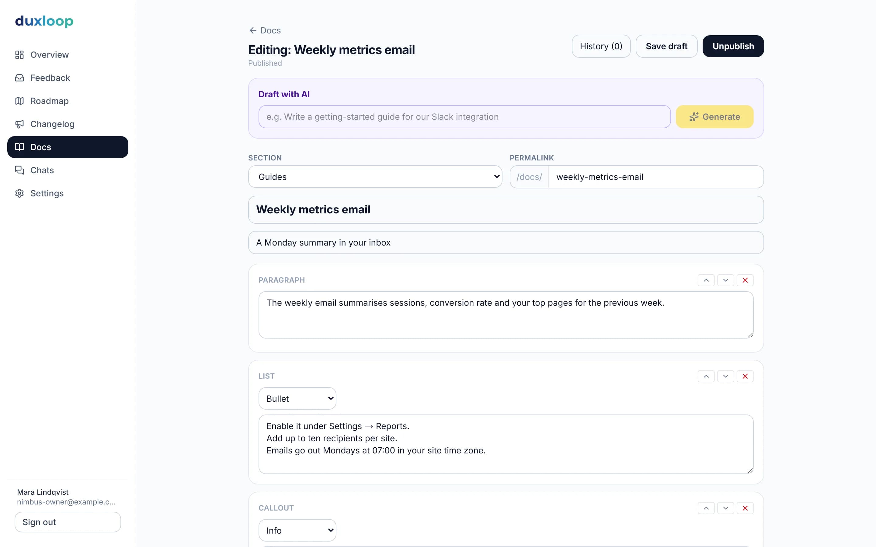 Docs editor in the duxloop dashboard