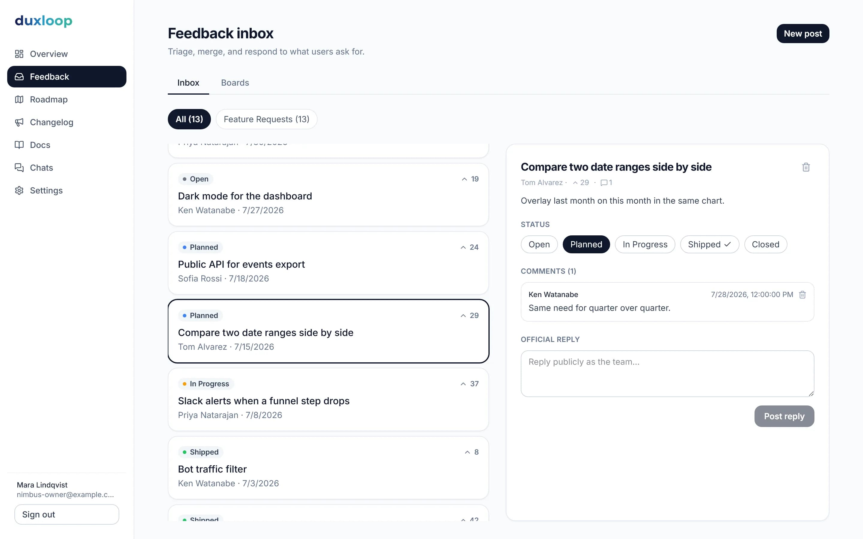 duxloop dashboard: feedback inbox with votes and statuses, one post open for triage
