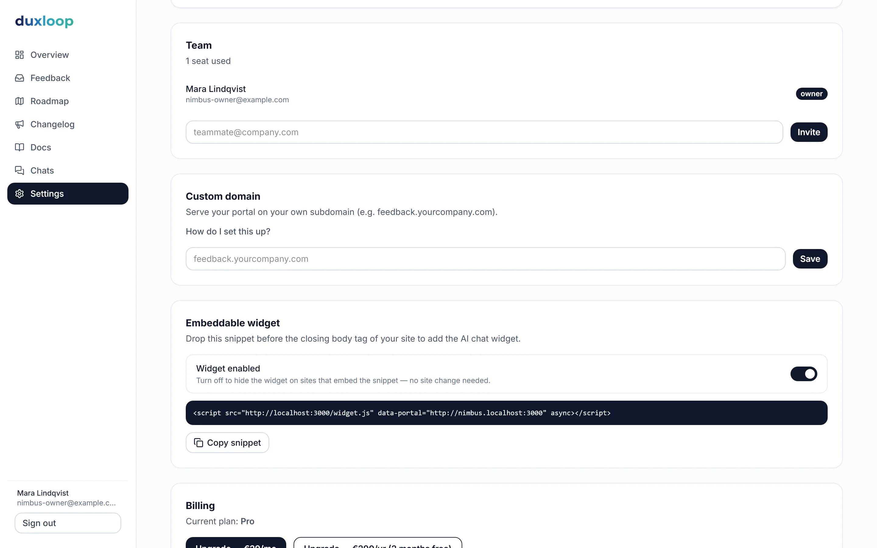 Widget and domain settings in the duxloop dashboard