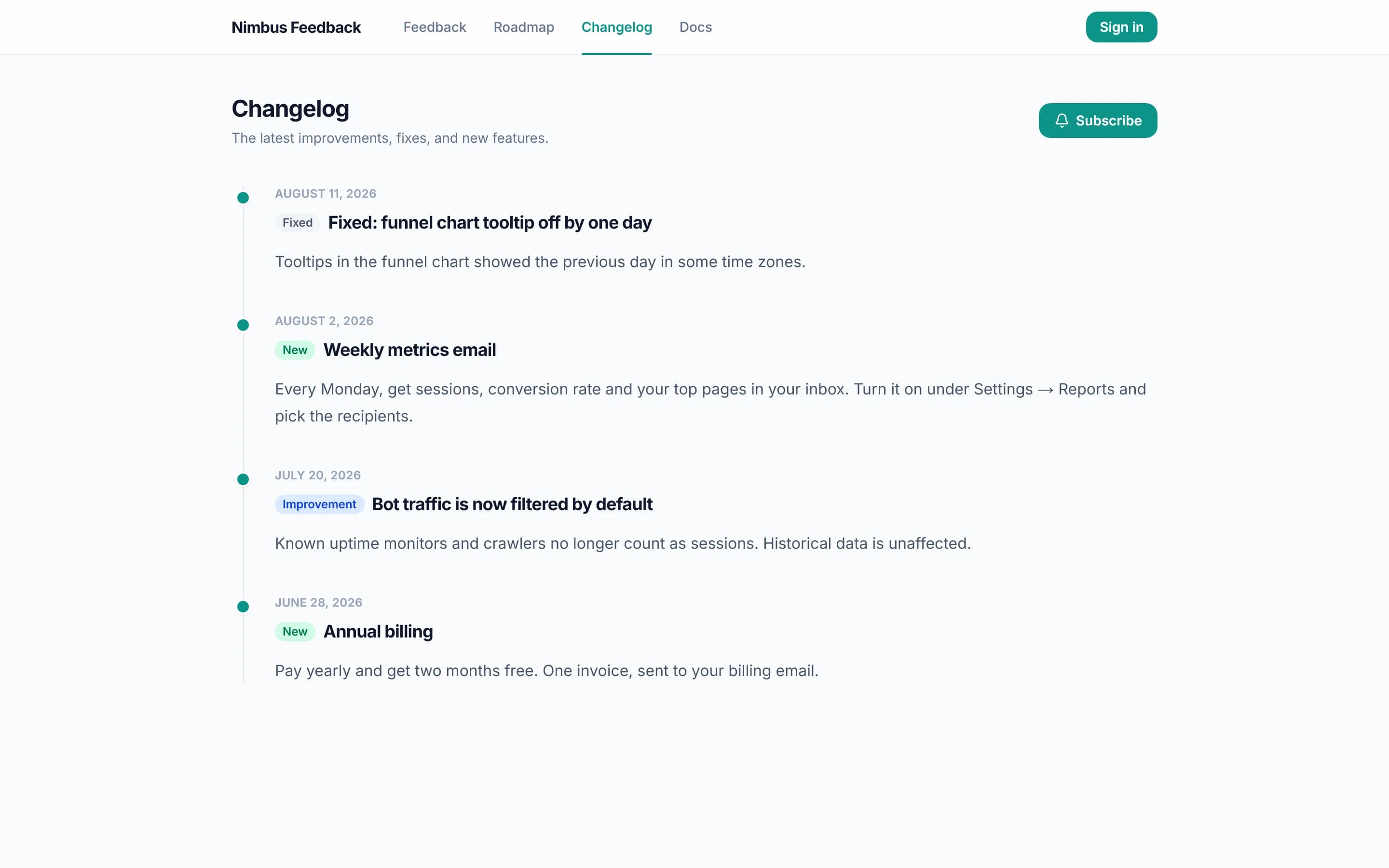 Public changelog page