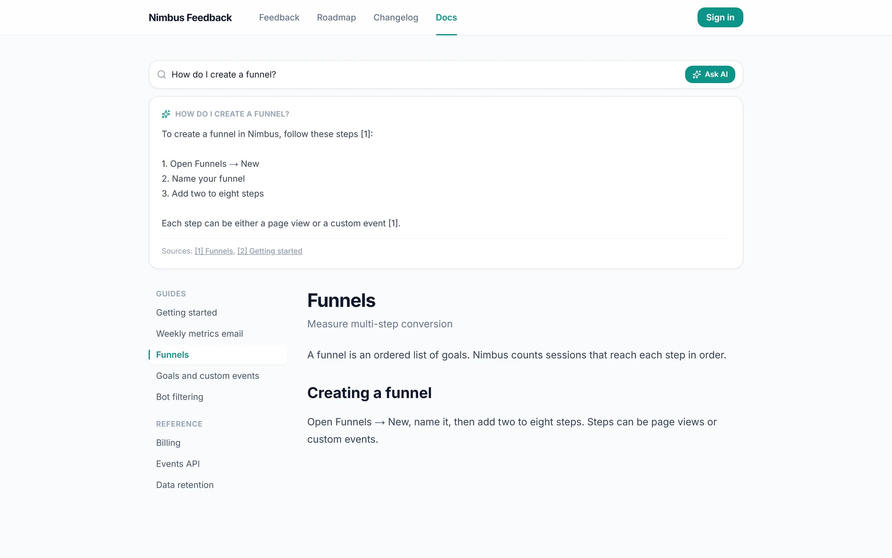 Docs page with the Ask AI box answering from the docs