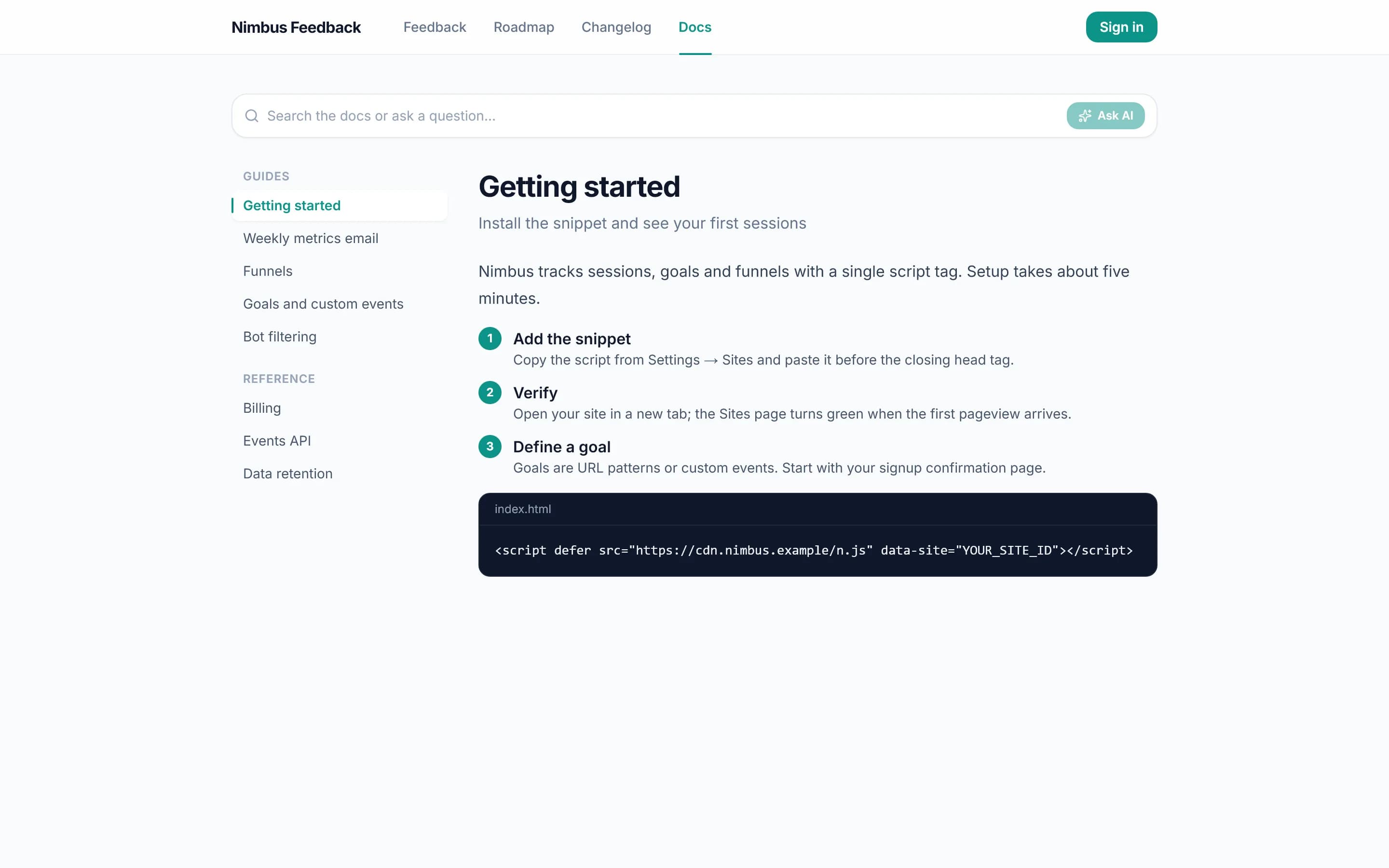 Public docs site with sidebar navigation and a getting-started page